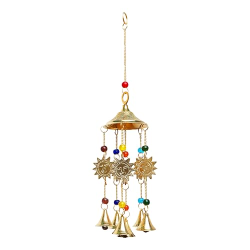 Handcrafted Brass Sun Face Wind Chime Chimes Roof Hangings Door Wall Hanging with Bells Indian Traditional Festival Hanging for Home Décor Housewarming Pooja Spiritual Gifting Ideas (Size:-13"x3") 13" Inches