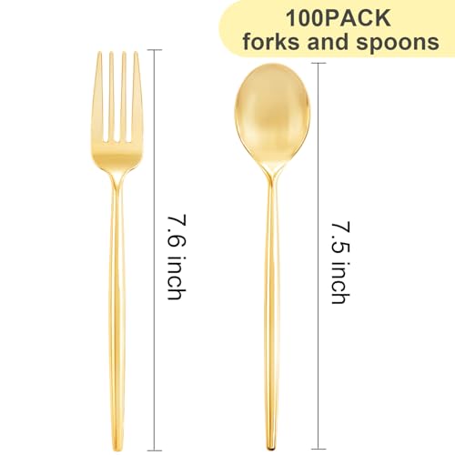 SUT 100PCS Gold Plastic Forks and Spoons, Heavy Duty Disposable Silverware 100