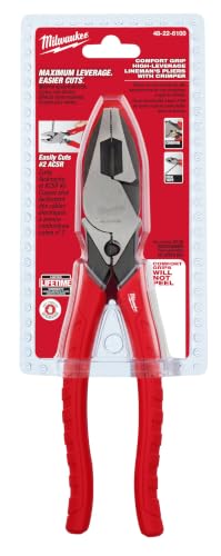 Milwaukee 9-inch red leverage lineman pliers with side cutters, crimper, and pipe reaming head