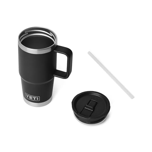 YETI Rambler 20 oz Travel Mug with Flip Straw Lid – Stainless Steel, Vacuum Insulated, Leakproof, Cup Holder Friendly, Black