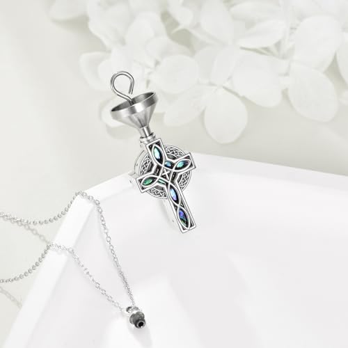 YFN Celtic Cross Urn Necklace Sterling Silver Celtic Knot Ashes Pendant Abalone Shell Cross Cremation Jewellery Gifts for Women Men