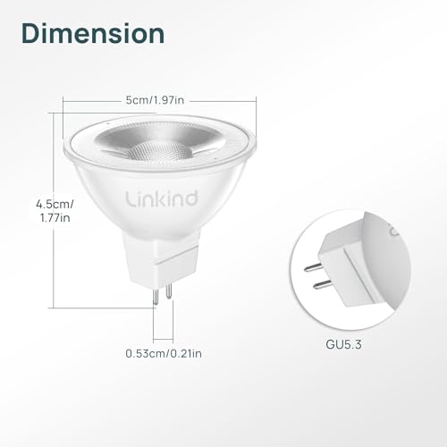 Linkind GU5.3 MR16 LED 5W Lamp 12 V, 50 Watt Replaced, 2700 K Warm White 36° Beam Angle LED Spot MR16, 520 Lm AC/DC 12 Volt Bulb, Not Dimmable, Pack of 5 Non-dimmable, 2700k, Warm White 5 count