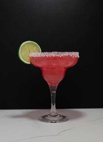 Replica strawberry margarita glass by Just Dough It, clear glass with red strawberry design, perfect for cocktails and drinks.