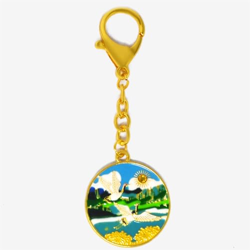 Fengshuibringluck Feng Shui Double Cranes Aspiration ＆ Longevity Amulet Keychain Round Key Ring, Small, Green