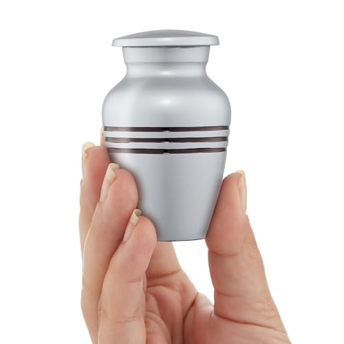 Reminded Small Cremation Memorial Urn for Human Ashes, Silver with Black Striped Miniature Keepsake Urn with Velvet Case Silver Stripes
