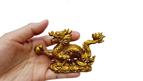 DMtse Chinese Feng Shui Dragon Lucky Golden Color Figurine Statue for Luck & Success 4 inch Long with Box