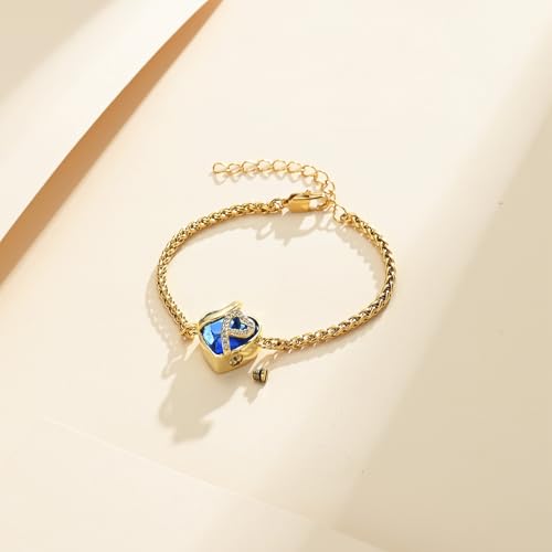 Cremation Jewelry Heart Urn Bracelet for Human Ashes for Women Men Memorial Keepsake Link Bracelet Gold-Blue