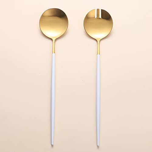 Salad Servers,Spoon and Fork Set 11.41 inch,18/10 Stainless Steel Salad Serving Titanium Plating (White gold) White/Gold