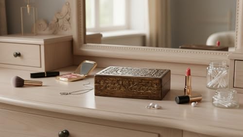 Handmade wooden jewelry and keepsake box by The Great Indian Bazaar, brown decorative storage box, 8x5 inches.