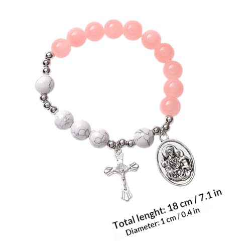 Ipetboom Pink and White Beaded Cross Bracelet for Women Religious Rosary Jewelry Strand Bracelet