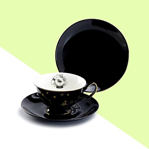 Witch Crystal Black Gold Tea Cup and Saucer with Gold Trim Halloween