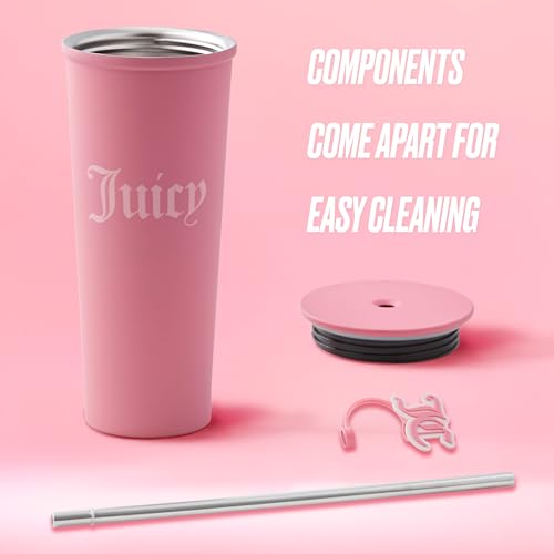 Juicy Couture 6-Piece Tumbler Gift Set With 24oz Stainless Steel Tumbler With Reusable Straw, 3 Straw Toppers and Cleaning Brush, Pink Hot Pink 24 Ounces