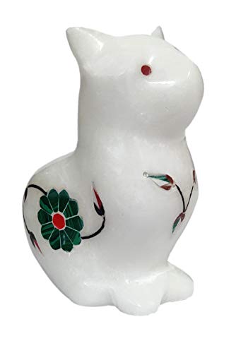 Purpledip Marble Statue 'Catty Cat': Gemstone Inlay Collectible Showpiece Gift (12107)