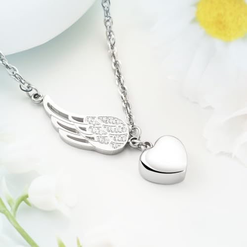 XIUDA Heart Urn Necklace for Ashes with Angel Wing Crystal Cremation Jewelry for Ashes Stainless Steel Memorial Ash Necklace for Women Ash Holder Silver