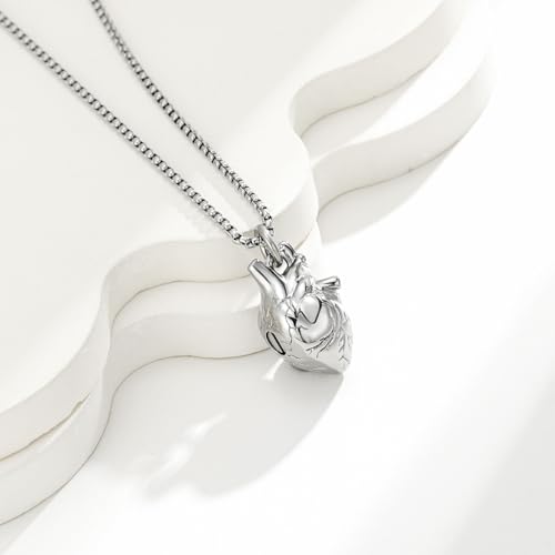 Anatomical Heart Cremation Jewelry Ashes Pendant for Human Pet Funeral Urn Necklace for Ashes Women Men Memorial Urn Jewellery silver