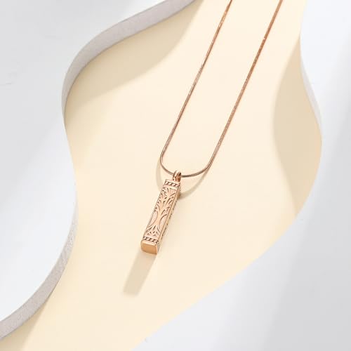 Bar Tree of Life Cremation Jewelry Urn Necklace for Human Ashes for Women Men With Me Always Cube Memorial Ashes Keepsake Pendant Rose Gold