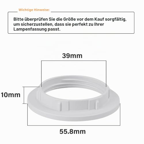 DiCUNO E27 Screw Ring for Lamp Holder 39mm White Plastic Pack of 4 | E27 lamp holder made of plastic, threaded ring for lampshade or glass shade 39 mm white