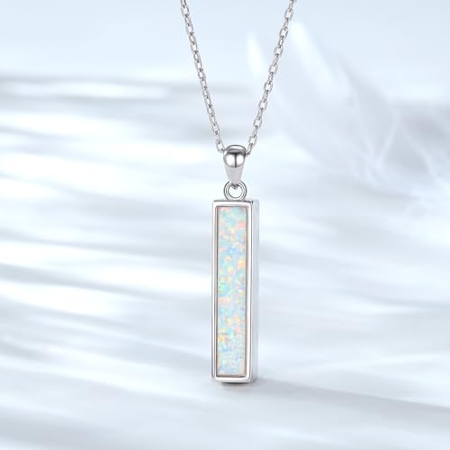 BEILIN Urn Necklaces for Ashes Sterling Silver Vertical Bar Pendant Necklace Cube Memorial Ashes Necklace Opal Cremation Urn Pendant for Women Opal vertical bar