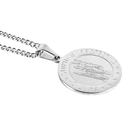 WANGCL Stainless Steel St Christopher Necklace Personalised Engrave Saint Christopher Pendant Chain Catholic For Men Women