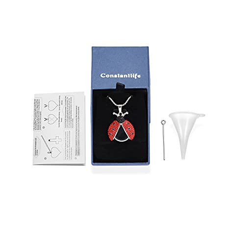 constantlife Cremation Jewelry Ladybug Urn Necklace for Ashes Transparent Round Glass Locket Ash Holder Keepsake Crystal Beetle Memorial Pendant for Human Pet Silver-Red