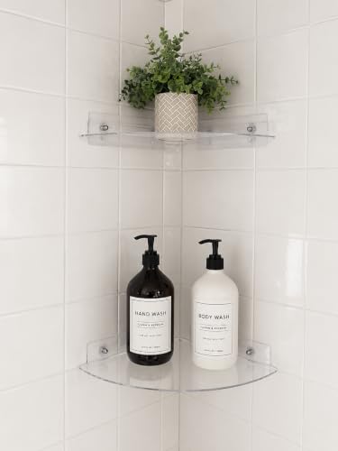 Bakzon Acrylic Corner Shelf 2 Pack, Adhesive Shower Caddy, 0.12" Thick Shatter-Resistant Clear Bathroom Corner Shelves for Tile Wall, No Drill Renter Friendly, 10×10 Inch, 20 lbs Capacity Corner Shelf-Clear