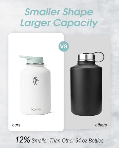 Coolflask Half Gallon Water Bottle Insulated Stainless Steel with Strap Glacier White 64 Ounces