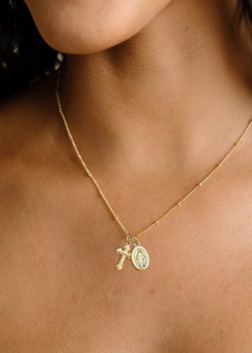 Bheop Cross Necklace for Women, 14K Gold Silver Choker Pendant Necklace GD-Virgin Mary Cross+Beaded Chain