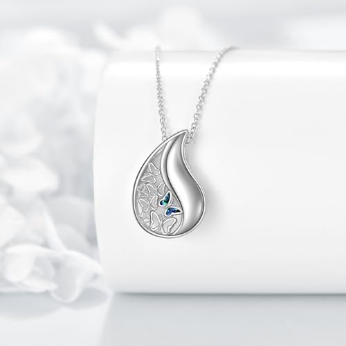 TIGRRIDER Butterfly Teardrop 925 Sterling Silver Urn Necklace for Ashes Elegant Keepsake Cremation Pendant Memorial Jewelry Gift for Women