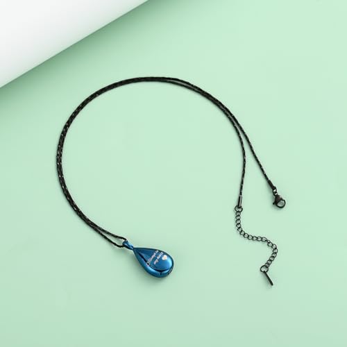 Yinplsmemory Carved Teardrop Keepsake Ashes Necklace Urn Pendant Cremation Memorial Jewelry-Always in my heart Blue