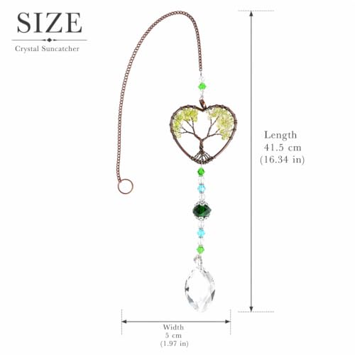 Tree of Life Crystal Suncatcher for Windows, Handmade Green Crystal rainbow Maker Hanging Ornaments for Garden Home Decor Spiritual Gifts for Women Men Friends and Holidays
