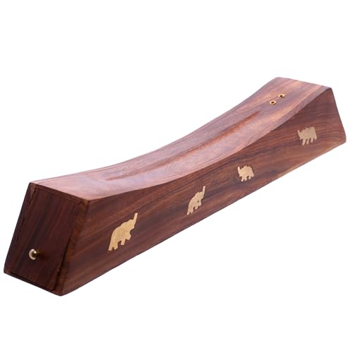 Puckator Sheesham Wood Ashcatcher Incense Sticks Burner Box with Elephant Inlay - Zen Spiritual Modern Gothic Home Room Decor Decorations - Meditation Accessories - Stick Cone Holder Burner Burners