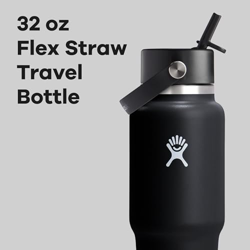 Hydro Flask Travel Water Bottle - Insulated Stainless Steel - Wide Straw Lid, Non Spill, Leakproof in 32 Oz Black