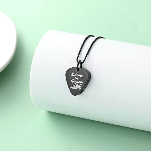 Yinplsmemory Cremation Jewelry Guitar Pick Urn Necklace for Ashes for Women Men Riding In Heaven Motorcycle Ashes Keepsake Memorial Jewelry Black