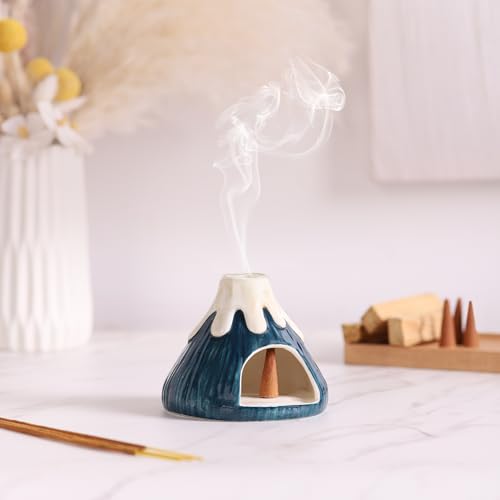 Potiera Small Volcano Incense Holder, Handmade Ceramic Palo Santo Holder for Meditation Spa Yoga Decor, Backflow and Cone Incense Burner for Home and Office Decor, Spiritual Gifts for Women Men Dark Green
