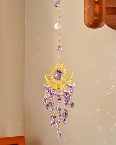 Prism Window Suncatcher Hanging Indoor Celestial Crystal Moon and Sun Catchers Rainbow Maker Purple
