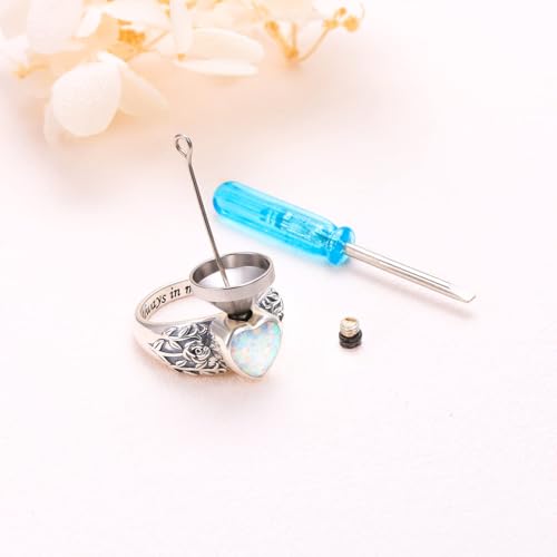 Flyow Urn Ring for Ashes 925 Sterling Silver Opal Rose Memorial Keepsake Jewelry Always in My Heart Cremation Ring for Women Men R 1/2