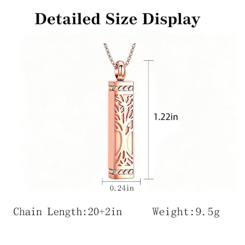 Tree of Life Vertical Bar Urn Pendant Memorial Ashes Necklace for Men Women Rose Gold
