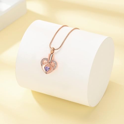 Birthstone Heart Urn Necklace for Ashes Keepsake Memorial Lover Cremation Jewellery for Women Mother Girls Pink-purple