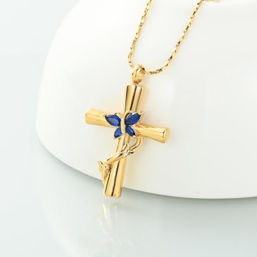 Imrsanl Cross with Butterfly Urn Necklaces for Ashes for Women Gold Blue