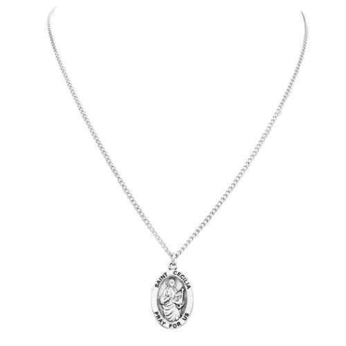 Rosemarie Collections Women's Religious Christian Medal Pendant On Stainless Steel Necklace with Biography and Picture Folder, 18" St Cecilia Patron Saint of Musicians
