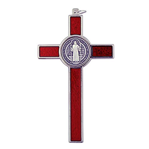Venerare Large 4.75 Inch Saint Benedict Pectoral Cross with Colored Enamel (Red Traditional) Handmade in Italy