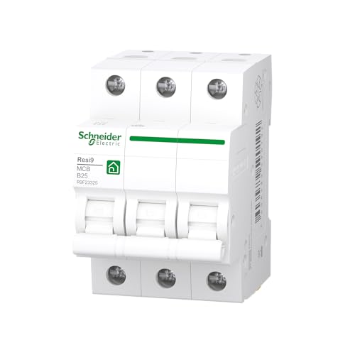 Schneider Electric R9F23325 Resi9 3-Pin Circuit Breaker | 25A, B characteristic, 6kA breaking capacity 6kA Rated current: 25 AB Characteristics