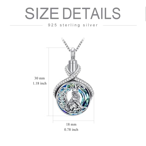 TOUPOP Wolf Urn Necklace Sterling Silver Crystal Urn Necklace for Ashes Cremation Jewelry for Ashes Memory Jewelry for Women Blue Crystal