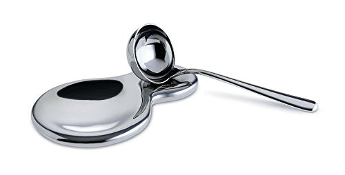 Alessi T-1000 stainless steel spoon rest with mirror polish finish, silver-colored kitchen accessory for holding spoons.