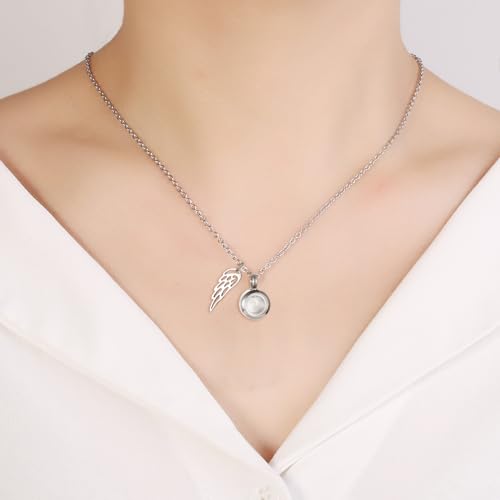 Tiny Glass Round Cremation Urn Necklace For Ashes For Women With Angel Wing Stainless Steel Memorial Locket Necklace Keepsake Jewelry Silver