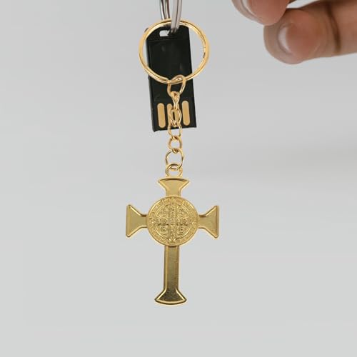 CLISPEED 10pcs Saint Benedict Medal Cross Keychain Golden Zinc Alloy