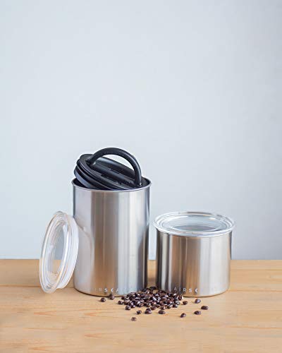 Stainless steel Airscape coffee canister by Planetary Design for fresh food storage and ground coffee preservation.