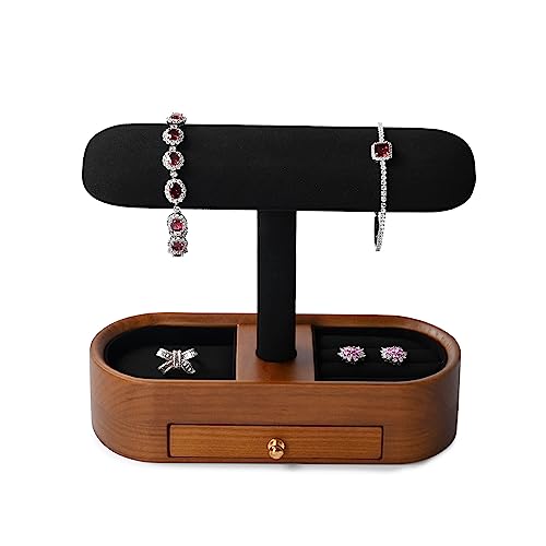 Oirlv Solid Wood Watch Stand with Drawer T-bar Watch Holder Organizer for Men and Women Showcase Bracelet Bangle Jewelry Display Stand Rings Earrings Necklace Storage(Drawer,Black) Black Option 2 - With Drawer