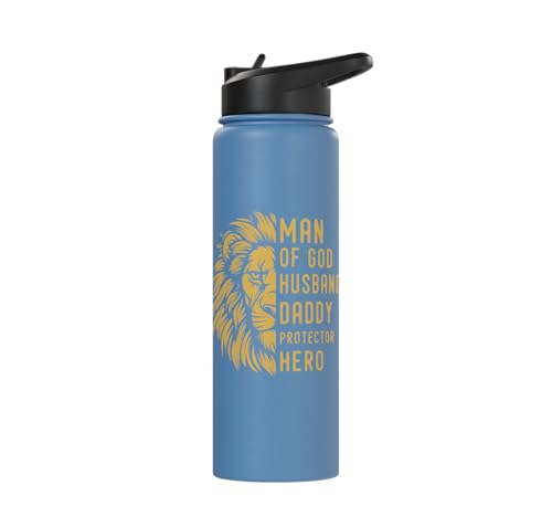 Man of God Husband Daddy Protector Hero Religious Lion Stainless Steel Insulated Water Bottle Light Blue 30 oz