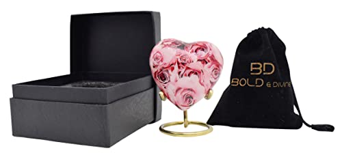 BOLD & DIVINE Urns for Human Ashes Adult Female and Men, Burial Urns, Decorative Urns, Funeral Urns, Cremation Urns for Women - Pink Rose, 1 Small Keepsake Heart with a Stand